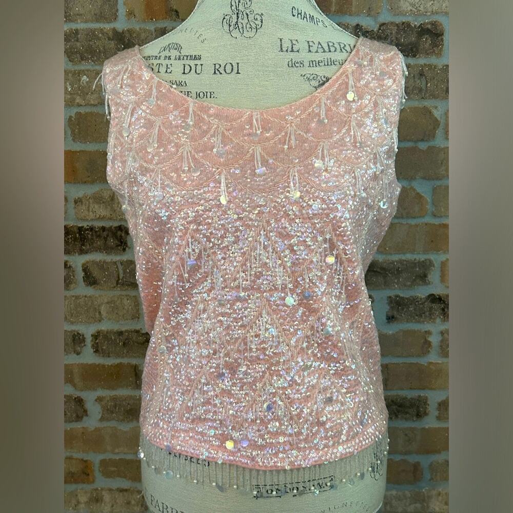 Vintage 1950s beaded teardrop light pink sleeveless wool top from Hartley’s sz M - Picture 7 of 11